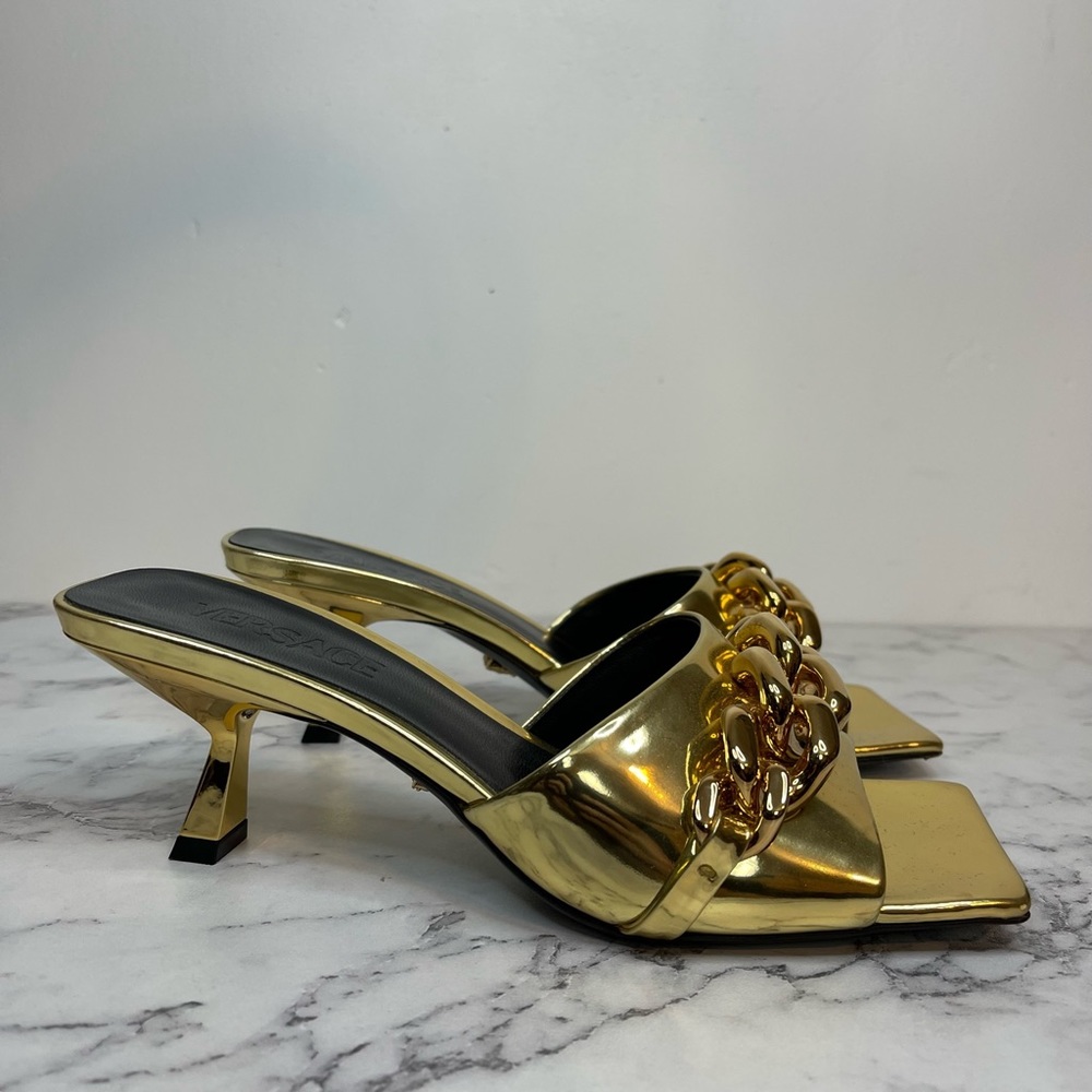 Versace Women's Gold Medusa Chain Mule Heels Shoes Size 37